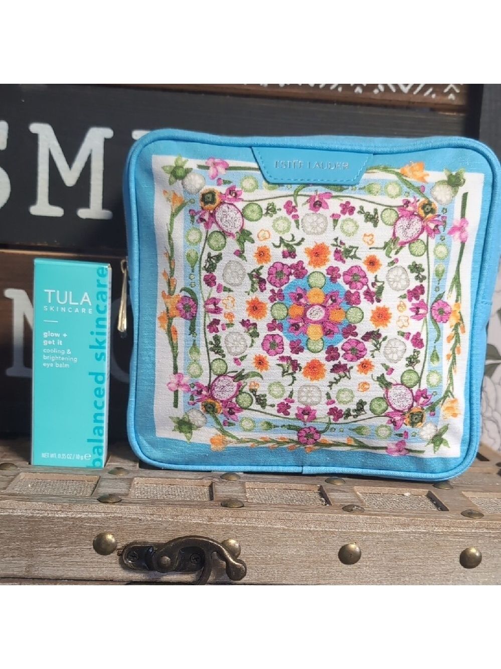 Estee Lauder Floral Makeup Case & Tula Cooling Eye Balm Set